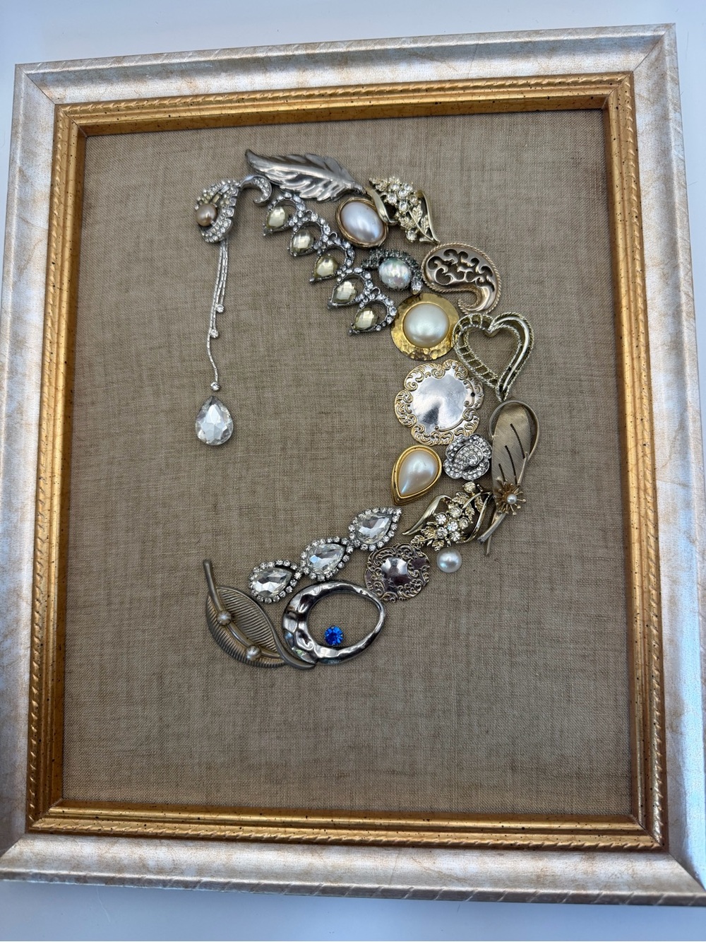 Framed Crescent Moon Jewelry Wall Art - Gold and Faux Pearl Accents Handmade
